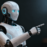 Futuristinis dirbtinio intelekto robotas su šypsena, rodantis į dešinę pusę technologijų ir AI sprendimų kontekste