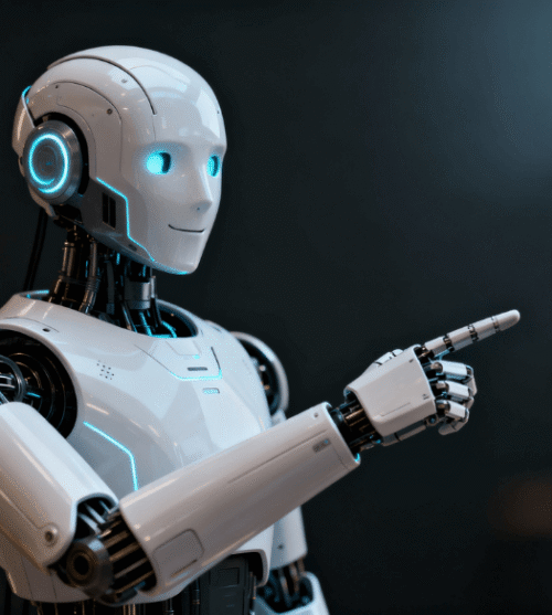 Futuristinis dirbtinio intelekto robotas su šypsena, rodantis į dešinę pusę technologijų ir AI sprendimų kontekste